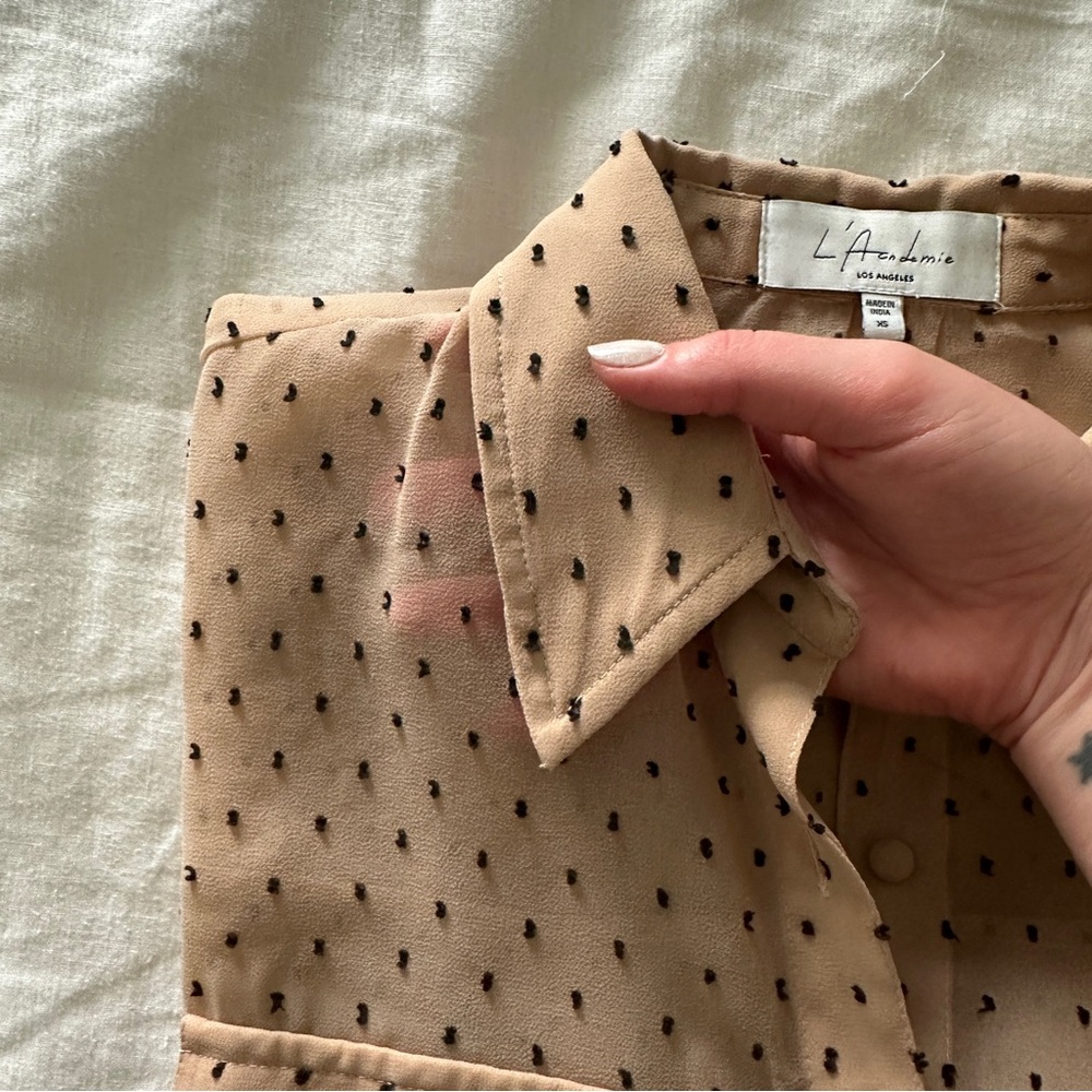 Tan Button-Up Blouse with Black Dots - Picture 4 of 6